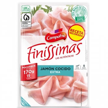 Jamón Cocido Extra en lonchas Campofrío Finissimas sin gluten y sin lactosa 170 g
