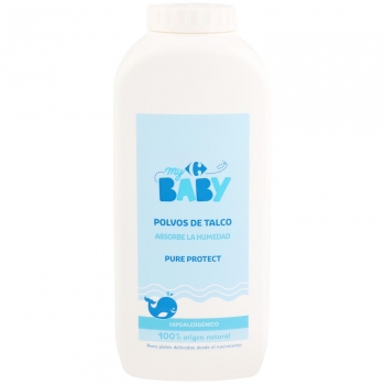 Talco para pieles delicadas desde el nacimiento absorbe la humedad Carrfour Baby 250 ml.
