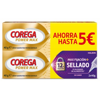 Crema fijadora para prótesis dentales max fijación + sellado Corega pack 2 unidades 40 g.