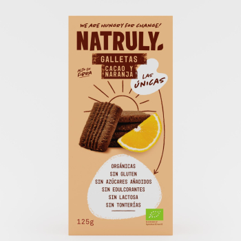 Galletas de cacao y naranja ecológicas Natruly sin gluten, sin lactosa y sin azúcar añadido 125 g.