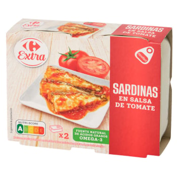 Sasrdinas en salsa de tomate Extra Carrefour pack de 2 latas de 88 g.