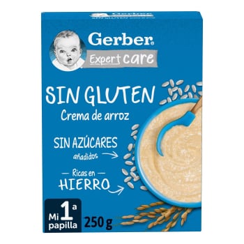 Papilla infantil desde 6 meses crema de arroz Gerber sin gluten y sin azúcar añadido 250 g.