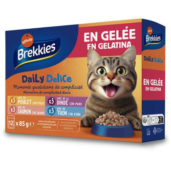 Comida húmeda en gelatina pollo, pavo, salmón y atún para gatos adultos Daily Delice Brekkies 12x85 g