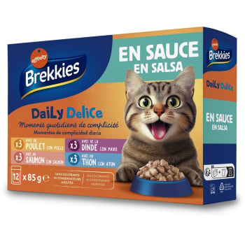 Comida húmeda en salsa pollo, pavo, salmón y atún para gatos adultos Daily Delice Brekkies 12x85 g