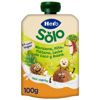 Bolsita de manzana, piña, plátano, leche de coco y avena desde los 6 meses Hero Solo sin azúcar añadido 100 g.