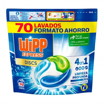 Detergente en cápsulas 4 en 1 limpieza profunda plus frescor activo Discs Wipp Express 70 ud.