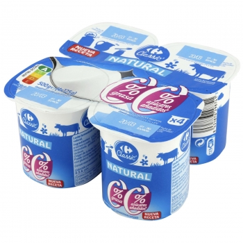 Yogur desnatado natural sin azúcar añadido Carrefour Classic' pack de 4 unidades de 125 g.