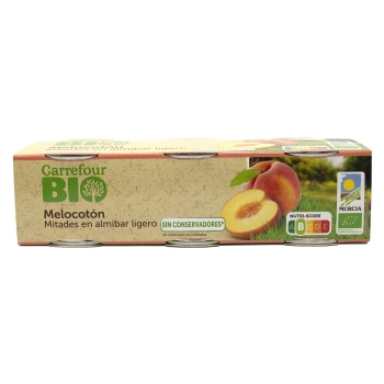 Melocotón mitades en almíbar ligero ecológico Carrefour Bio pack de 3 unidades de 115 g.