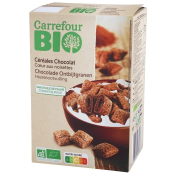 Cereales con chocolate rellenos de avellanas y cacao magro ecológico Carrefour Bio 375 g.