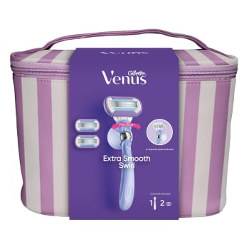 Neceser Gillette Venus Extra Smooth Swirl: maquinilla de depilación, recambios 2 y soporte para la ducha.