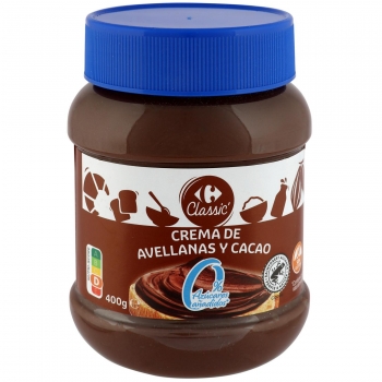 Crema de cacao y avellanas sin azúcar añadido Classic Carrefour 400 g.