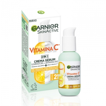 Crema sérum con vitamina C hidratante diario SPF 25 iluminadora + antimanchas Skin Active Garnier 50 ml.