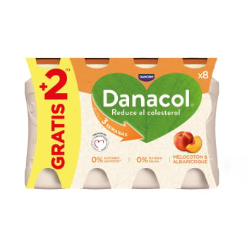 Leche fermentada desnatada con melocotón y albaricoque sin azúcar añadido Danone Danacol sin gluten pack de 6 unidades de 100 g. 6 x 100 g