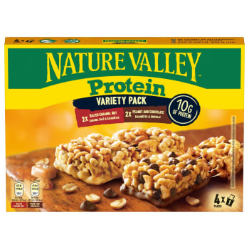 Barrita protéica sabor caramelo salado y sabor cacahuete y chocolate Nature Valley sin gluten pack de 4 ud.