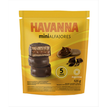 Mini alfajores rellenos de dulce de leche y cubiertos de chocolate Havanna doy pack 125 g.