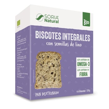 Biscotes de pan integral con semillas de lino ecológicos Soria Natural sin azúcar añadido 270 g.