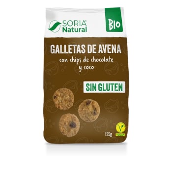 Galletas de avena con chips de chocolate y coco ecológicas Soria Natural Bio sin gluten 125 g.