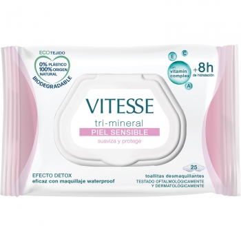 Toallitas desmaquillantes piel sensible efecto detox Vitesse Mineral 25 ud.