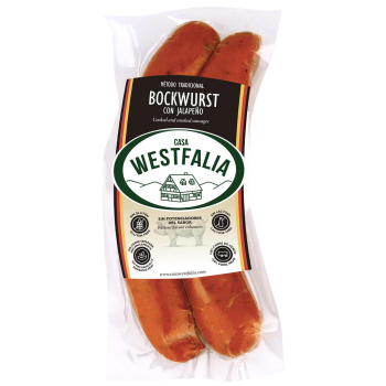 Salchicha bockwurst cocida y ahumada en tripa natural Casa Westfalia sin gluten y sin lactosa 180 g.