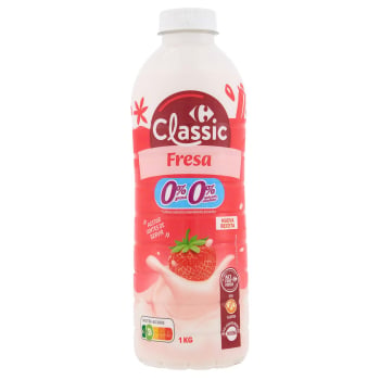 Yogur líquido desnatado con fresa y con edulcorante Carrefour Classic sin gluten 1 kg.