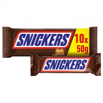 Barrita de chocolate con crema de cacahuete y caramelo Snickers pack de 10 unidades de 50 g.