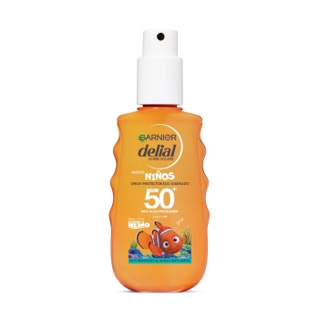 Spray protector solar niños SPF 50+ resistente al agua y anti-arena Garnier Delial 150 ml.