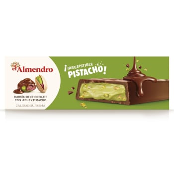 Turrón praliné de chocolate con leche y pistacho El Almendro 150 g.
