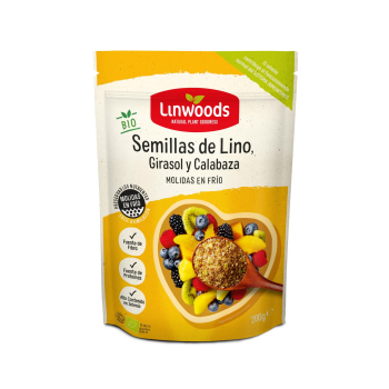 Semillas de lino, girasol y calabaza molidas sin azúcar añadido ecológicas Linwoods sin gluten 200 g.
