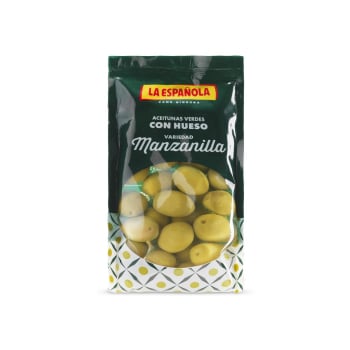 Aceitunas verdes con hueso variedad manzanilla La Española sin gluten 100 g.