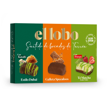 Surtido de bocados de turrón sabores estido Dubay, speculoos y estilo Tokio El Lobo 162 g.