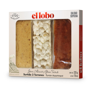 Surtido 3 turrones Jijona, Alicante y Yema Tostada calidad suprema El Lobo 225 g.