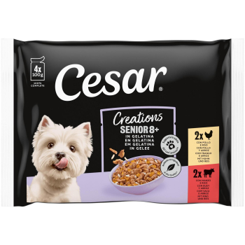 Comida húmeda selección carnes en gelatina para perro senior Cesar pack de 4 unidades de 100 gr. 4 x 100 gr