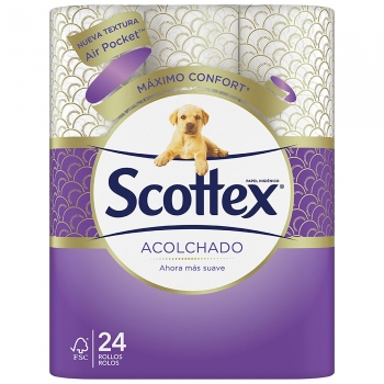 Papel higiénico acolchado toque de seda Scottex 24 rollos.