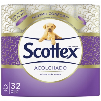 Papel higiénico 3 capas suaves acolchado Scottex 32 rollos.