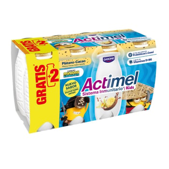 Leche fermentada semidesnatada con sabor a plátano, cacao y vainilla Danone - Actimel sin gluten pack de 6 unidades de 100 g.