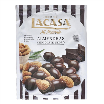 Almendras cubiertas de chocolate negro 70% Lacasa sin gluten doy pack 125 g.