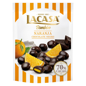 Grageas de chocolate 70% rellenas de naranja Lacasa 125 g.