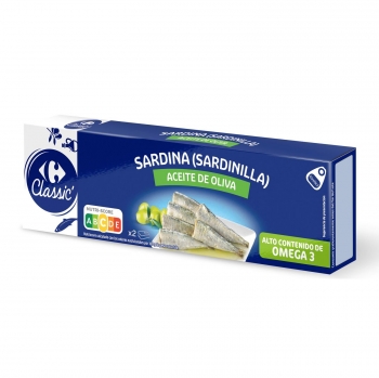 Sardinillas en aceite de oliva Classic Carrefour pack de 2 unidades de 65 g.