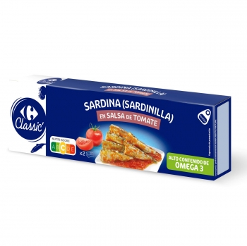 Sardinillas con tomate Carrefour pack de 2 unidades de 65 g.