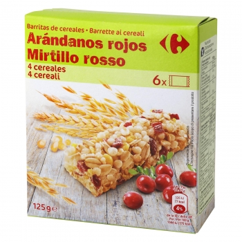 Barritas de cereales con arándonos rojos Carrefour 6 unidades de 21 g.