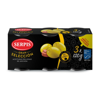 Aceitunas verdes rellenas de anchoa Gran Selección Serpis sin gluten y sin lactosa pack de 3 latas de 50 g. 3 x 50 g