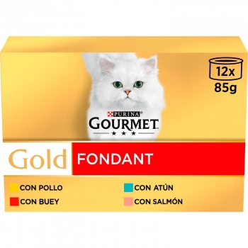 Comida húmeda de pollo,buey, atún y salmón para gato adulto Purina Gourmet Gold Fondant 12x85 g.