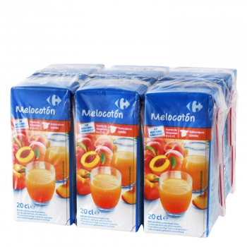 Bebida de melocotón Carrefour sin azúcar pack de 6 briks de 20 cl.
