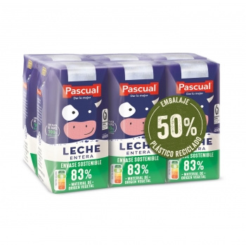 Leche entera Pascual pack de 6 briks de 200 ml.