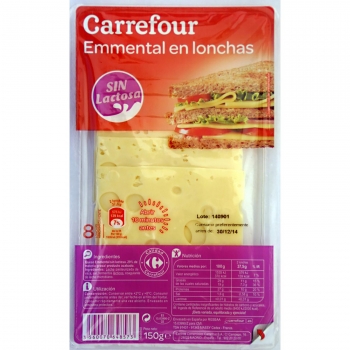 Queso emmental loncheado Carrefour sin lactosa 150 g.