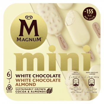 Mini bombón helado de chocolate blanco y chocolate blanco almendrado Magnum sin gluten 6 ud.