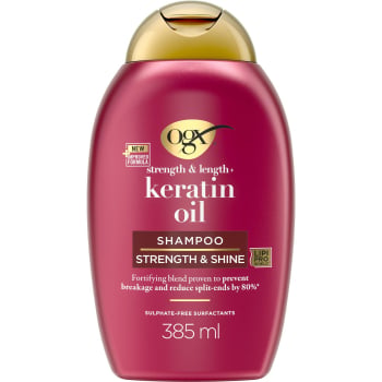 Champú aceite de keratina para cabellos quebradizos OGX 385 ml.