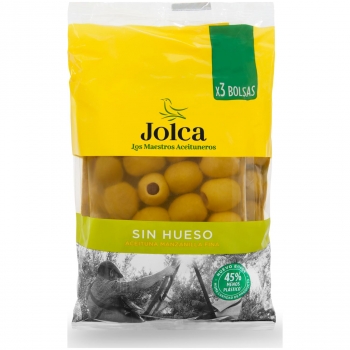 Aceitunas verdes manzanilla sin hueso Jolca pack de 3 bolsas de 50 g. 