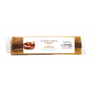 Turrón de crema catalana, praliné de carquinyolis y caramelo Vicens 300 g.
