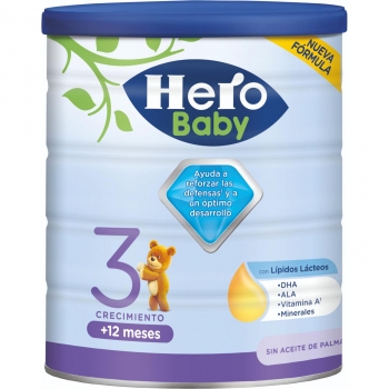 Leche infantil de crecimiento 3 desde 12 meses en polvo Hero Baby sin aceite de palma lata 800 g.